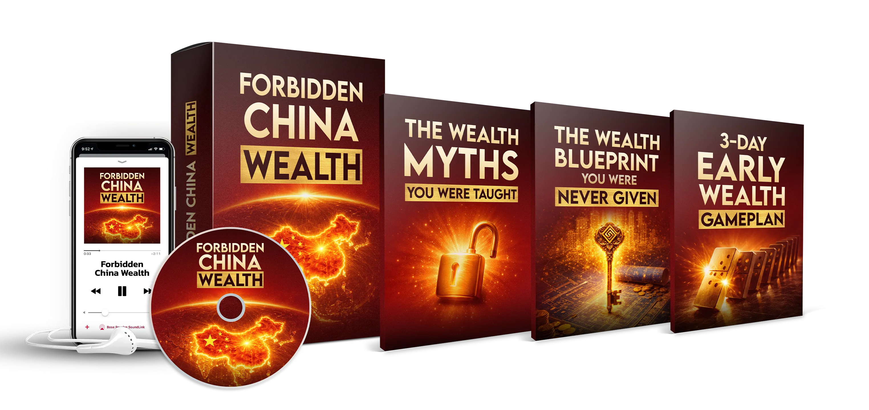 Forbidden China Wealth program bundle showing the wealth frequency audio and bonus guides
